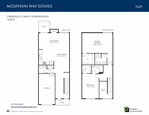 Floor plan for 2 beds, 2.5 baths, 1848 sqft